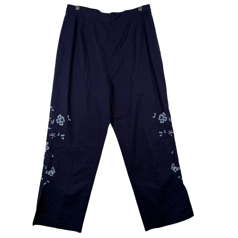 Vintage Danny Noble M Linen Blend Pants Navy Floral Embroidered Side Zip EUC